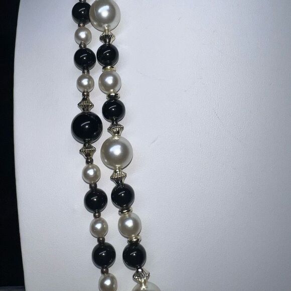 Vintage Double Strand Black Bead and Faux Pearl Necklace - Picture 3 of 7